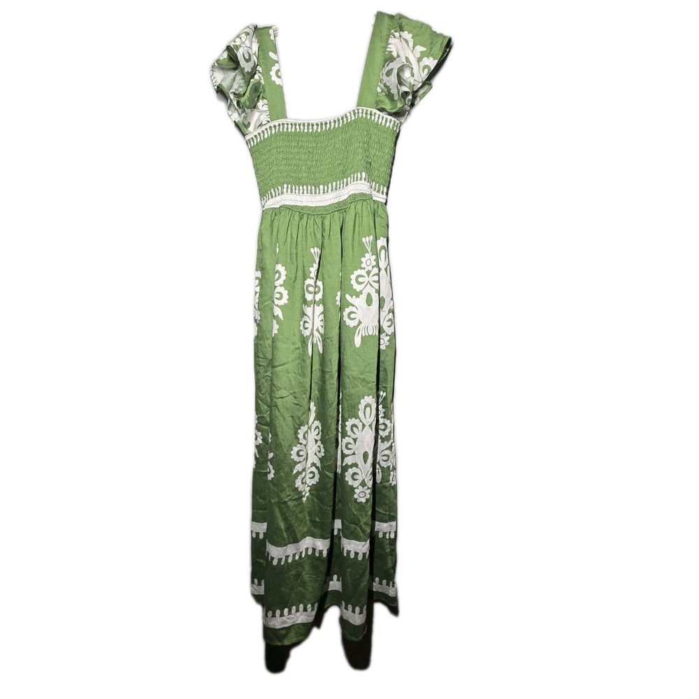 Penelope Rose Smocked Maxi Dress Size Small Green And White Boho Sundress Beach